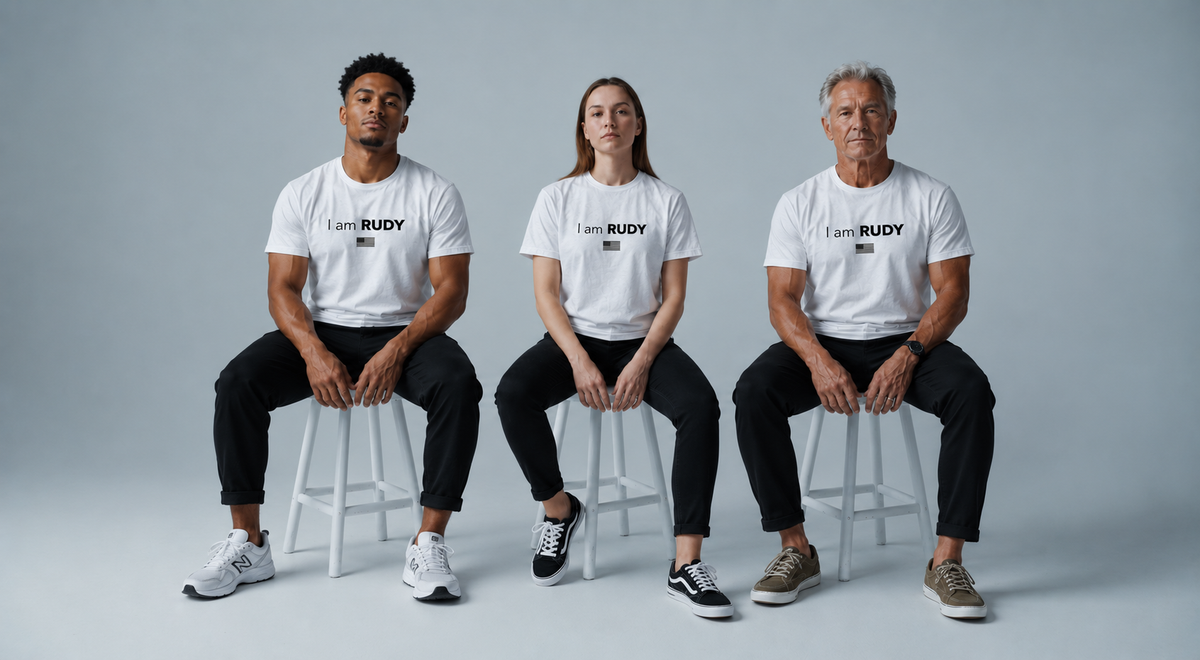 Three people sitting on white stools wearing matching white t-shirts with 'I am RUDY' printed on the chest, paired with black pants and sneakers, against a light gray studio background.